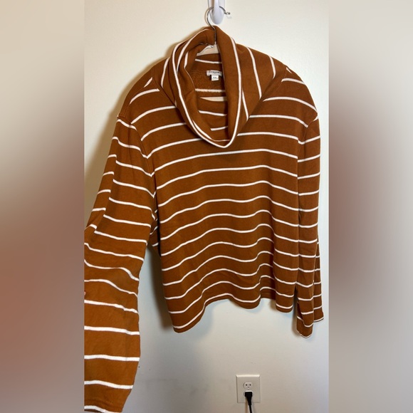 J. Crew Cowl Neck Striped Crop Top Camel and White Size XXL Fleece Lined - Picture 3 of 9